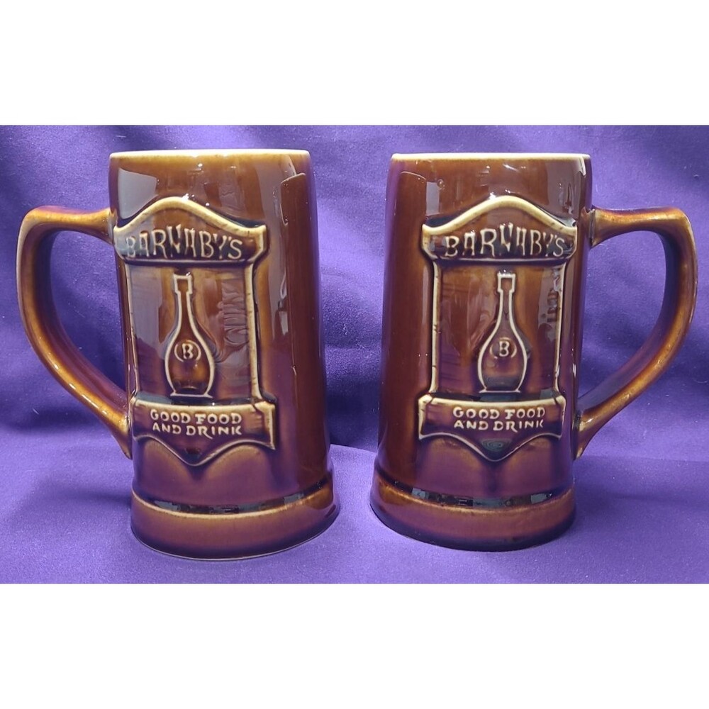 Vintage HALL Barnaby’s Good Food & Drink Beer Steins Mugs Set of 2 USA 6” Mint